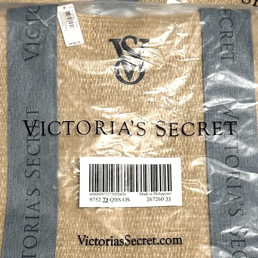 Victoria's Secret Canvas & Denim VS Logo Beach Tote, Tan & Blue - Picture 5 of 5